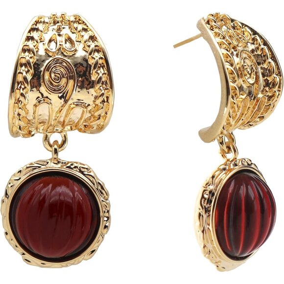 Red & Gold Dangle Drop Earrings for Women Cute Gold Geometric Statement Jewelry - Picture 1 of 5